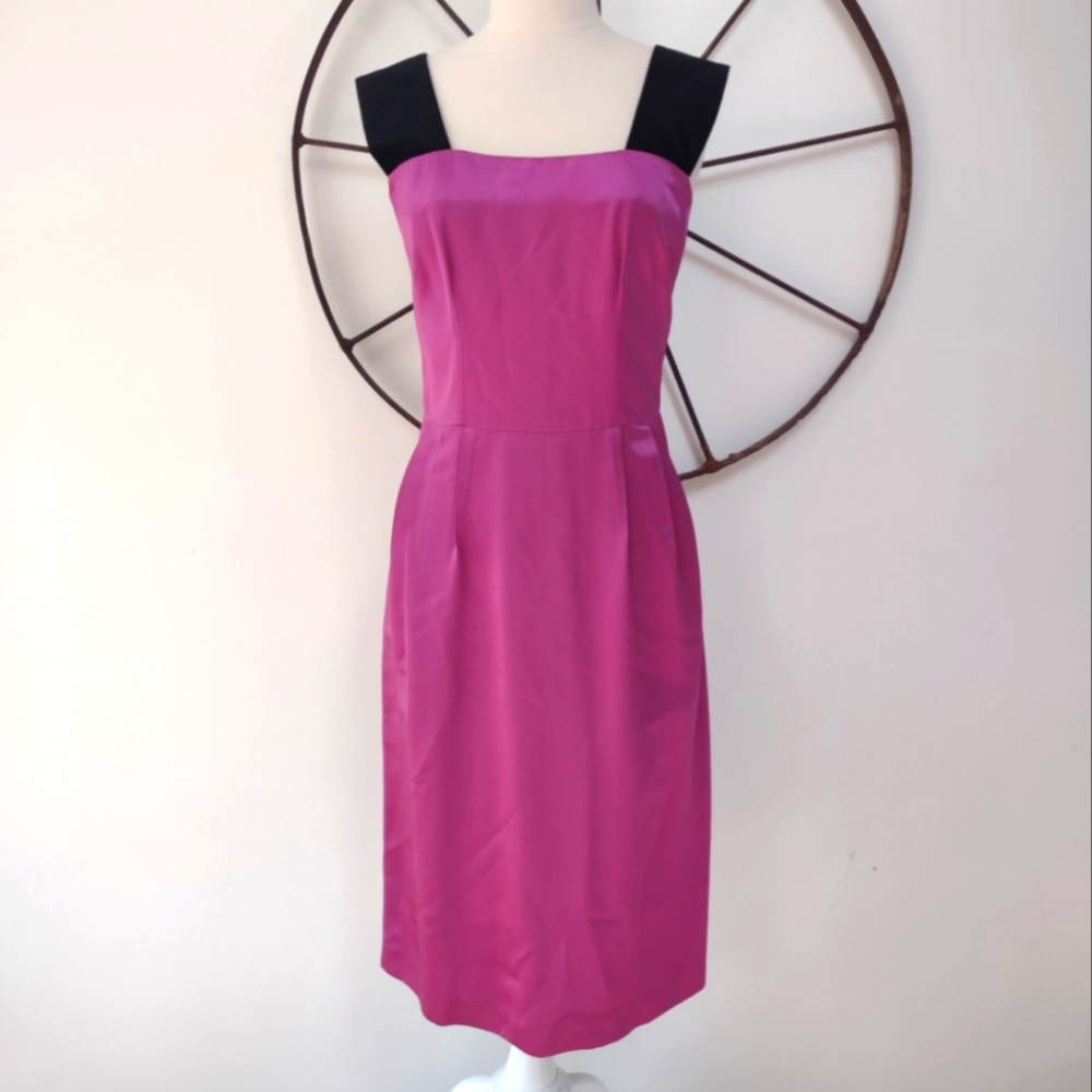 Dolce & Gabbana fuschia satin velvet sleeve acetate sheath cocktail dress